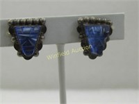 Vintage Sterling Blue Glass Mask Earrings, Plata M