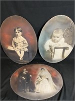 3 Oval Convex Photos, Hand Colored