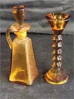 VTG Amber Glass Cruet & Candle Stick -Note
