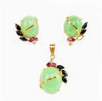 Jewelry 21kt Yellow Gold Jade Earrings & Pendant