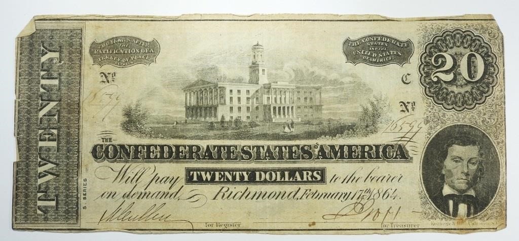 1864 5 SERIES $20 CONFEDERATE NOTE