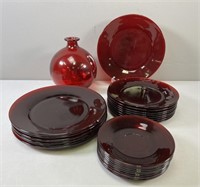 Ruby Red Plates & Saucers; Bulbous Vase