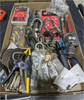 TRAY OF HARDWARE, BLADES, HOSE CLAMPS, MISC