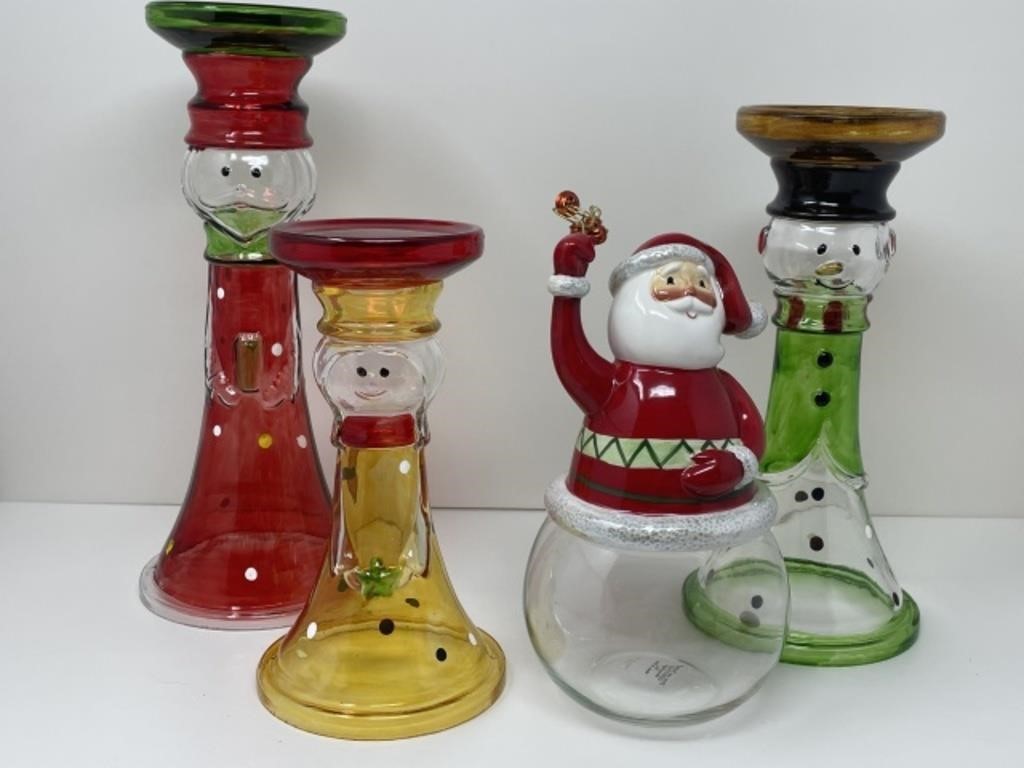 Colorful Glass Candleholders, Santa Jar