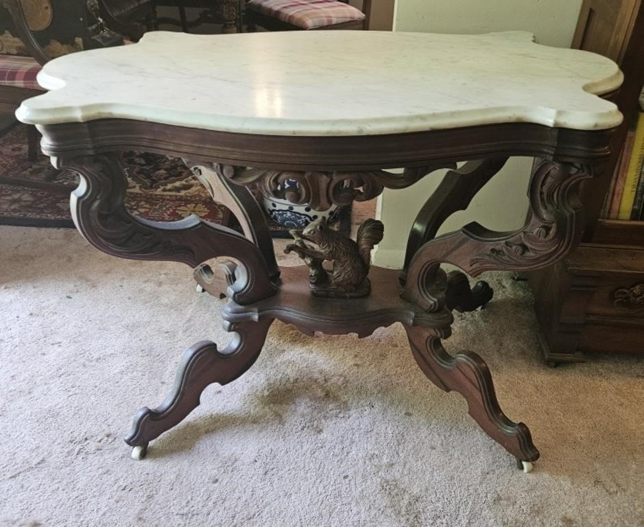 Victorian Marble Top Table With Squirrel Motif