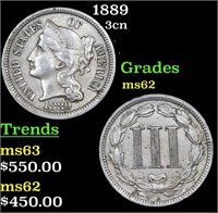 1889 Three Cent Copper Nickel 3cn Grades Select Un