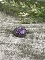 .925 Sterling Silver Three Stone Amethyst Ring