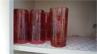 Set 8 Cranberry etched grapes and leaves glasses