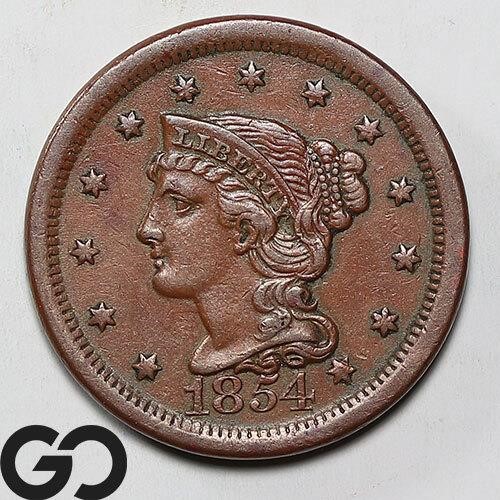 1854 Braided Hair Large Cent, AU Bid: 110