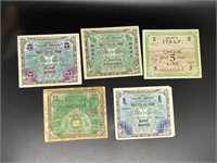 Lot of (5) pieces of Allied WWII Currency