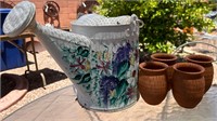 Metal Hand Painted Watering Can + 4 Planters