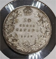 1919 Canadian Sterling Silver 50-Cent Half Dollar