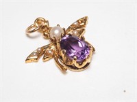 14K Gold, Pearl, Seed Pearl and Amethyst Pendant