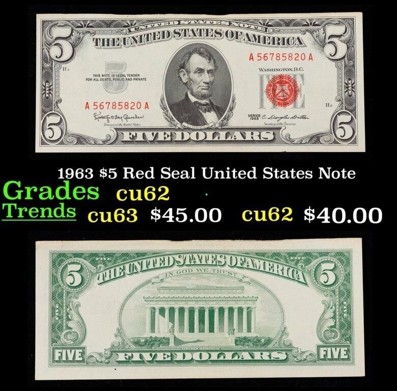 1963 $5 Red Seal United States Note Grades Select