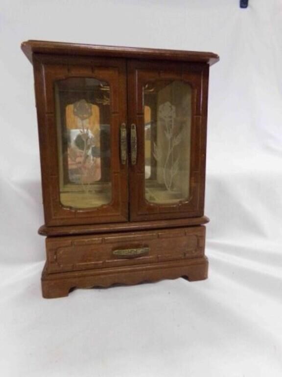 Vintage Wooden Jewelry Box Glass Doors with