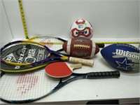 sporting equipment, 3 tennis rackets, 2 footballs