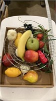 Hanging fruit baskets, faux fruit