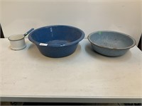 (2) Blue enamel Pans & Enamel Drink Cup