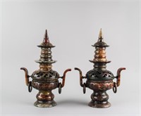 Pair Chinese Archaistic Agate Carved Censer
