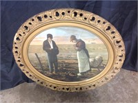 ANTIQUE OVAL FARMING PICTURE CRACK IN GLASS