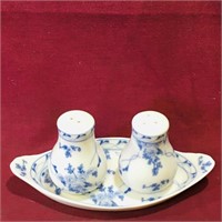 Fine Porcelain Salt & Pepper Shakers & Tray