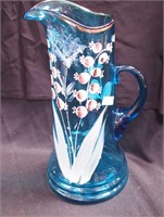 Vintage blue glass water serving pitcher with