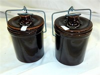 2 Vintage Brown Jar Lid Metal Clamp Pottery Crocks