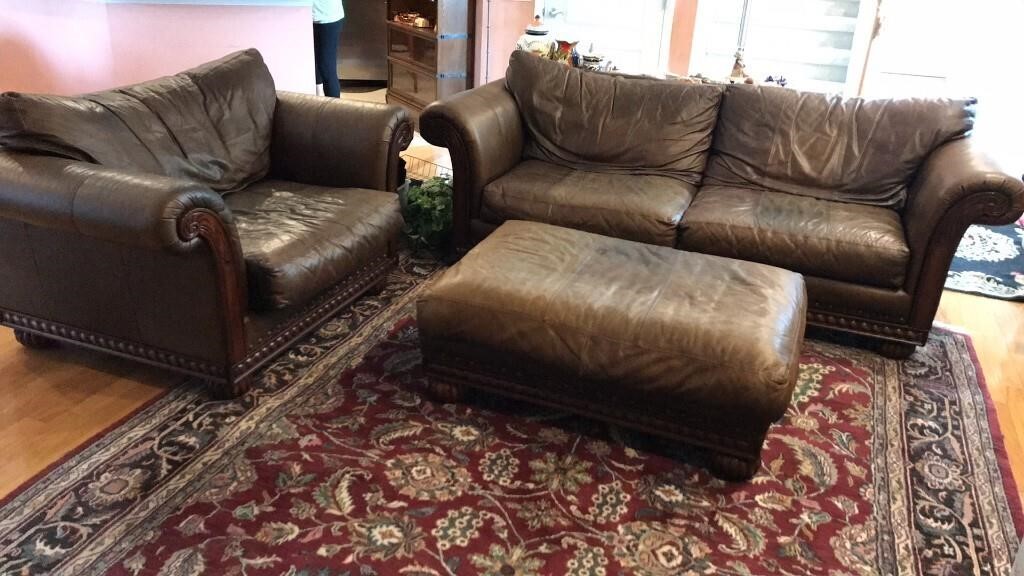 Oversized Distressed Leather Sofa, Chair, Ottoman