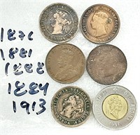 5 pièces GROS SOUS CANADA 1876-1881-1884-1888-1913