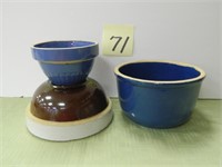 (3) Crock Bowls - 7" Brown & White, 7" Blue,