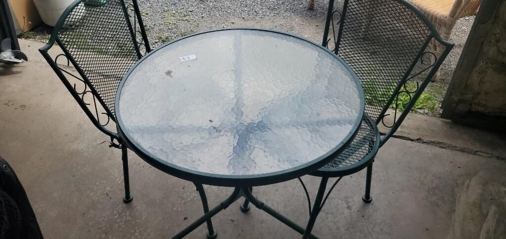 Glass top table, and 2 chairs