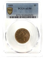 1889 $5 Gold Half Eagle PCGS AU50
