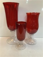 (3) Large Ruby & Clear Glass Vases