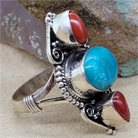 VTG STERLING SILVER TURQUOISE & CORAL RING SZ 9.5