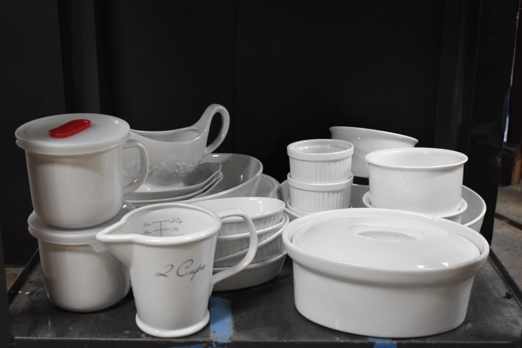 Large Lot White Serving Dishes, Bakeware, Ramekins