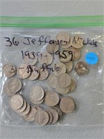 Jefferson nickels; 1939-1959; qty 36 and 3 Buffalo
