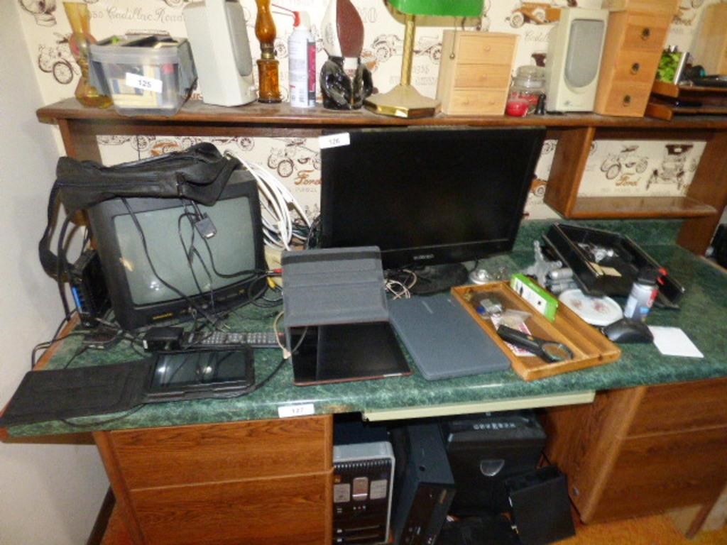 MONITOR, LAPTOP COMPUTER, 2 TABLETS, OFFICE ITEMS