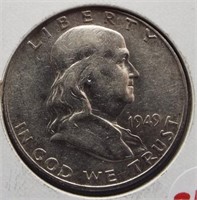 1949-S Franklin half dollar. AU. Key date.