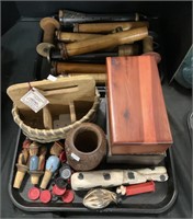 Antique Wooden Spools, Carved Wood, Basket.
