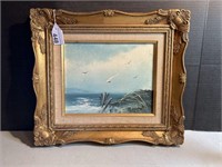 FRAMED OIL ON BOARD SEASCAPE AND SEAGULLS BY M