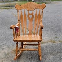 Oak pressback rocking arm  chair plank seat slat