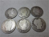 (6) 1907 Barber Silver Half Dollars E