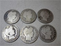 (6) 1907 Barber Silver Half Dollars C