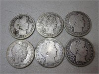 (6) 1908 Barber Silver Half Dollars B