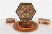 Vintage Inlaid Wood Tray, Music Boxes, Tole Set