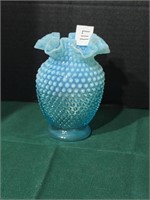 Fenton vtg aqua opalescent hobnail glass vase.