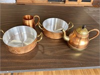 Copper Tea Pot, Copper Mug, 2 Copper/brass pots