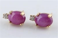 Pair of 14k Gold, and Synthetic Star Ruby Earrings