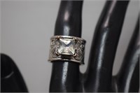 Wide Band w/ Clear Square Stone  Sz 8-3/4