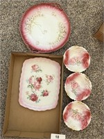 Pink Trimmed Plates and (3) Small Bowls